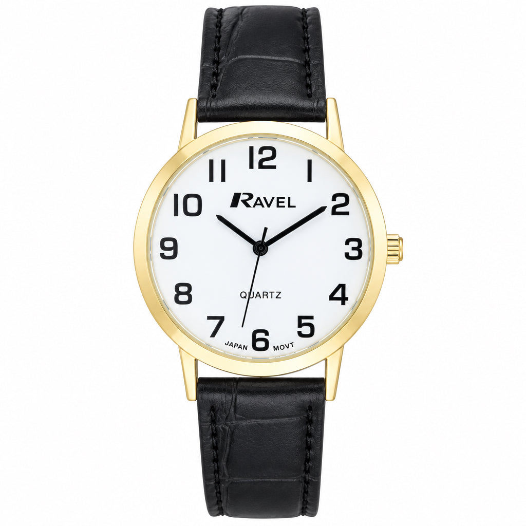 Ravel Mens Leather Strap Quartz Watch Black/Gold Watch R0102.01.1A